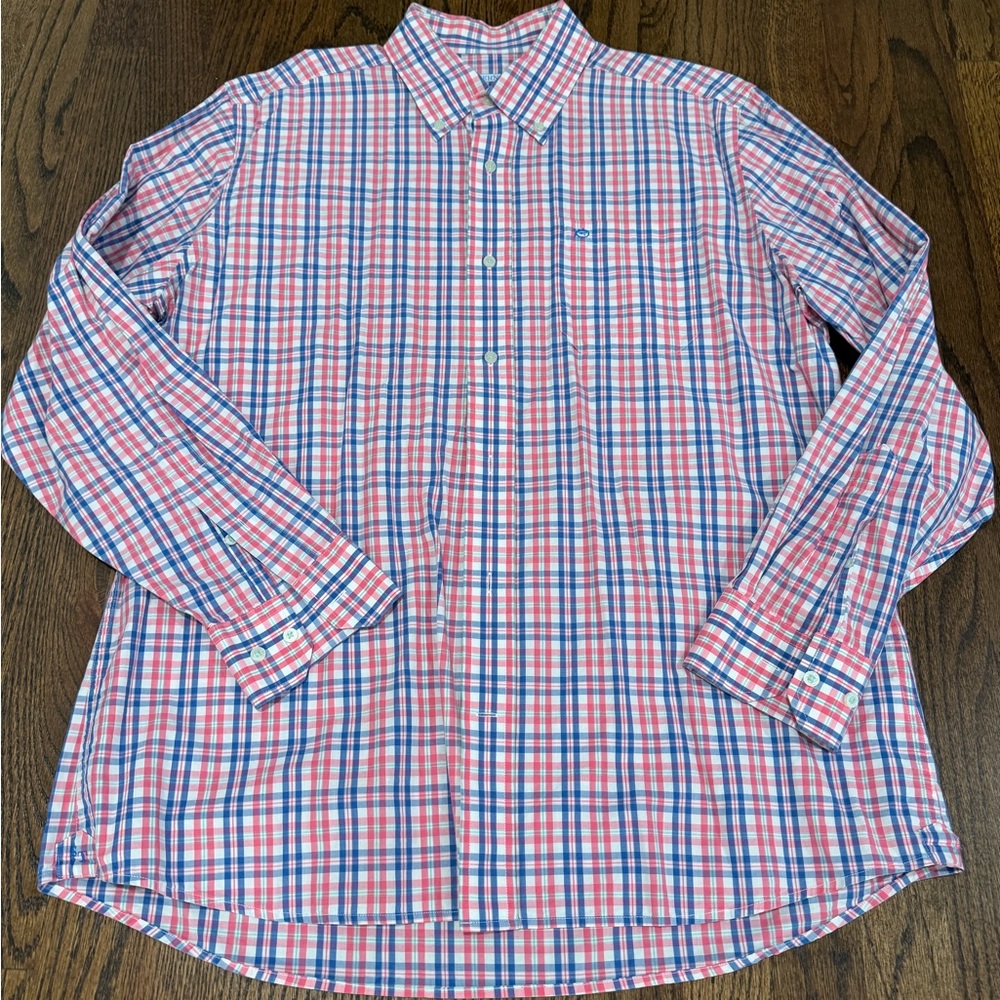 Southern Tide Pink and Blue Plaid Button Down Shirt
